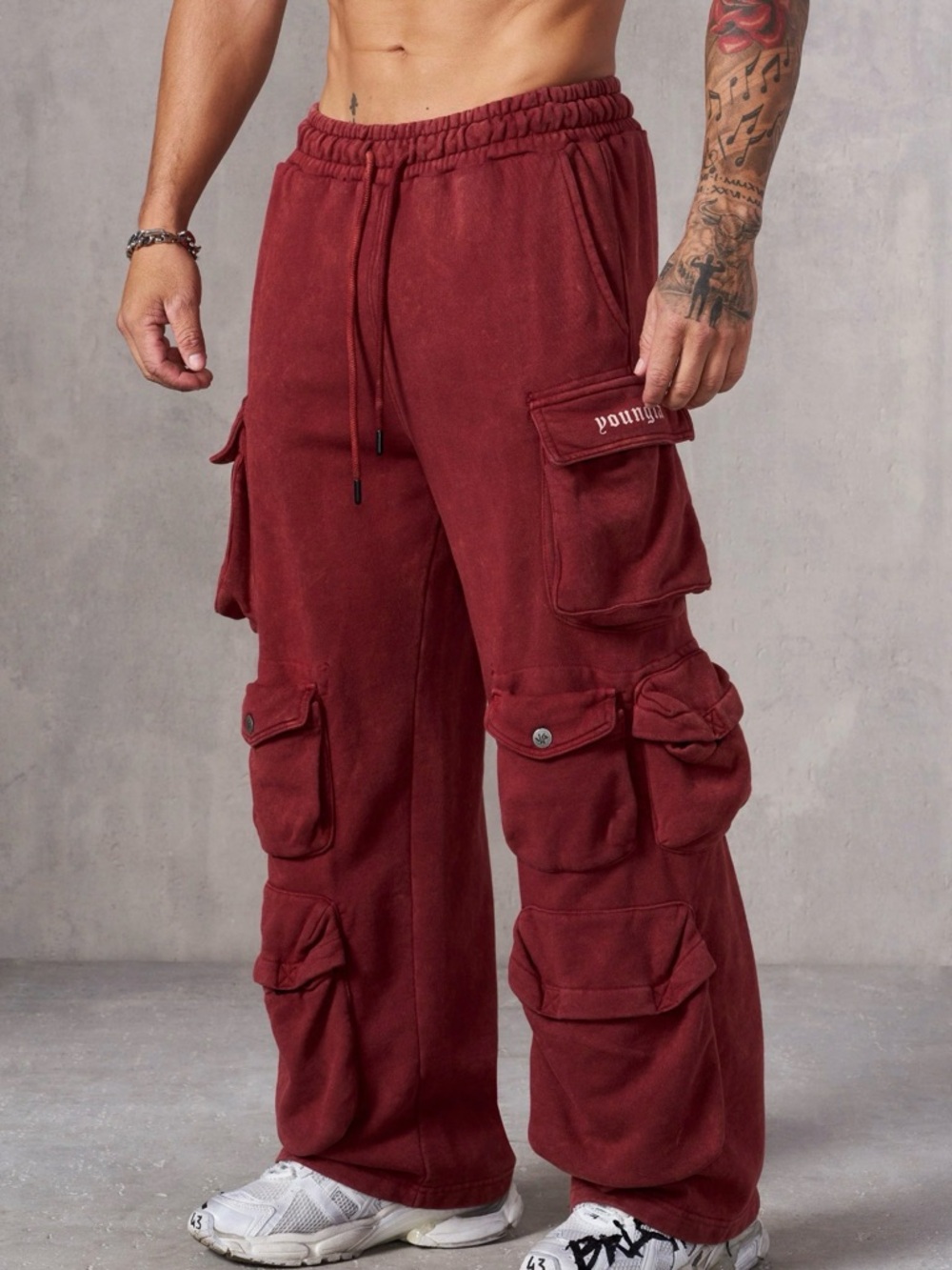 YoungLA Burgundy Cargo Sweatpants for Men